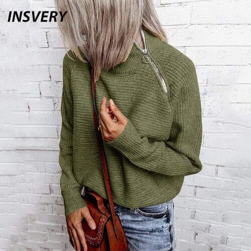 Elegant Loose Women Sweater O Neck Zipper Design Long Sleeve Jumper Casual Knitted Sweater Women Solid Autumn Winter Tops