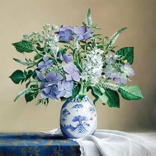 Purple Hydrangea Flowers Arrangement in Vase Diamond Painting Round Full Drill Floral DIY Mosaic Embroidery 5D Cross Stitch Gift
