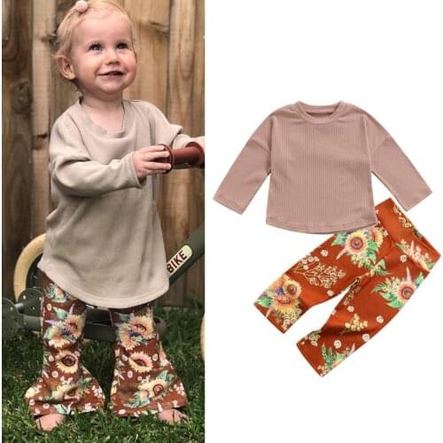 FOCUSNORM 2pcs Sweet Kids Girls Autumn Clothes Sets 1-6Y Knit Long Sleeve Solid Tops Flowers Printed Pants