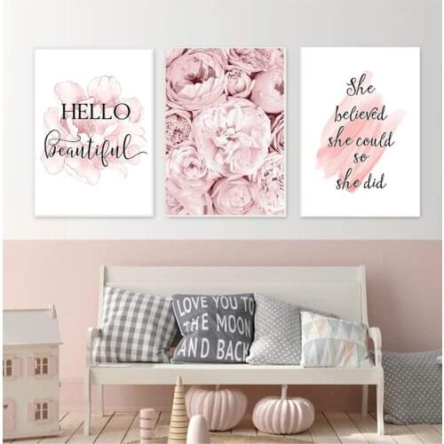Painting Modern Picture Girl Room Home Decoration Pink Peony Flower Poster Nordic Style Fashion Quotes Wall Art Print Canvas