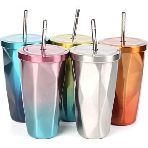 500ml Gradient Coffee Mug Diamond Double Layer Stainless Steel Water Cup With Straw Lid Travel Tumbler Vacuum Water Bottle Cups