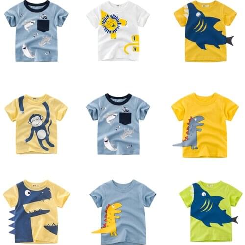 Boys Summer Tee Tops T-Shirt Children Cartoon Animals Shark Dinosaur Print Cotton Clothes