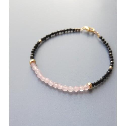 LiiJi Unique Real Rose Quartz Black Spinel Tiny Beads Bracelet Goldfilled Sparkling Delicate Bracelet Jewelry
