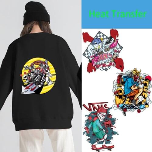 European and American street punk style skull skateboard heat transfer printed on clothes Cool personality sticker for young boy