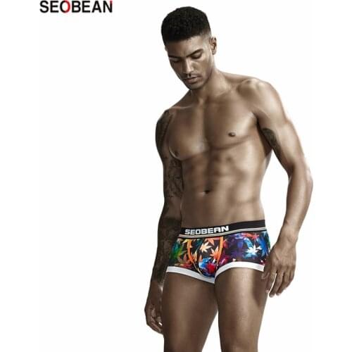 SEOBEAN New Mens Underwear Fashion Trend Digital Black Leaves Printing U-pouch Bag Push Up Sexy Boxers