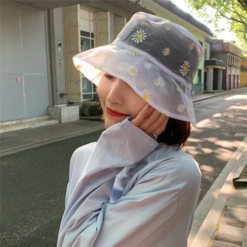 Daisies Embroidered Buckets Hat Women Transparent Panama Lace Flower Beach Hats High Top Snapback Fashion Daisy Sun Cap Summer