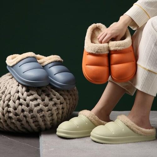 Plush Cotton Slippers Women Winter Hollow Flanging Waterproof Home Indoor Couples Slippers Keep Warm Thick Soft Bottom Slippers