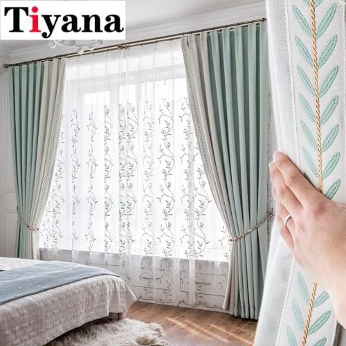 Luxury Curtains for Living Room Bedroom Solid Thick Cotton Linen Blackout Curtain Modern Splicing Leaf Lace Blinds JK148D