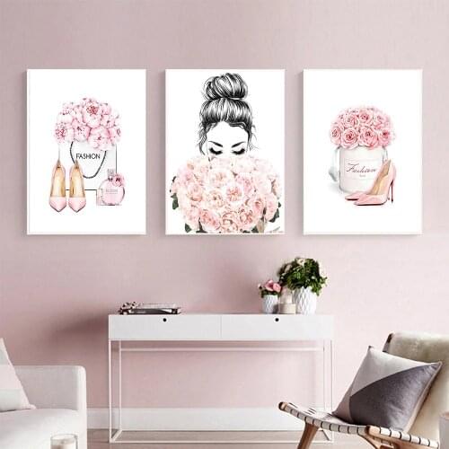 Rose Flower Girl Canvas Print Pink Perfume Bottle Poster Fashion Art Painting High Heel Wall Art Pictures Living Room Home Decor