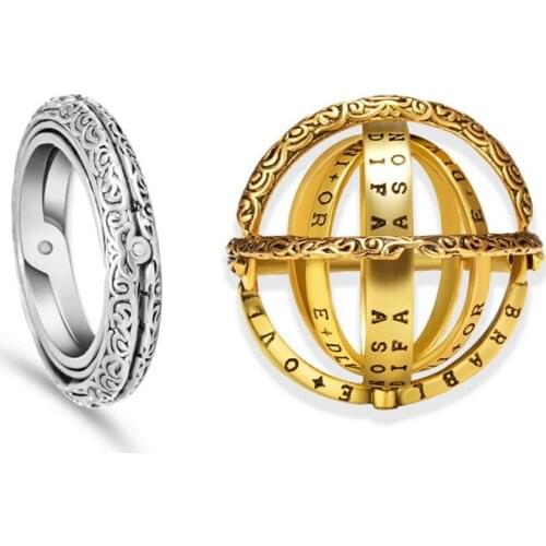 Vintage Alloy Astronomy Ball Rings Interesting Openable Complex Rotate Universe Sphere Cosmic Planet Letter Ring & Necklace