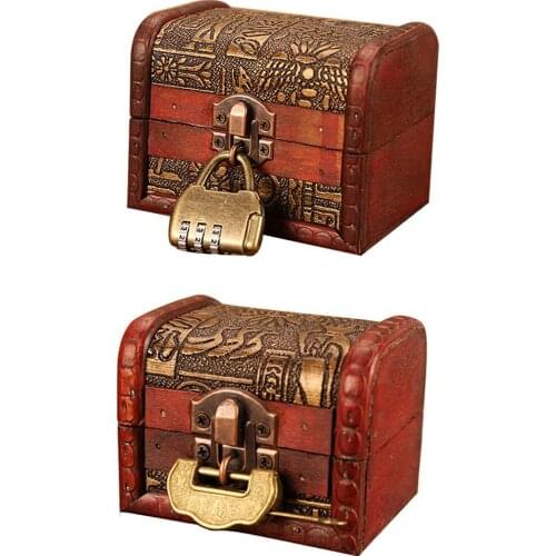 Vintage Retro Wood Case With Lock Storage Container Box Trinket Jewelry Box Bracelet Pearl Ring Wooden Treasure Chest Organizer
