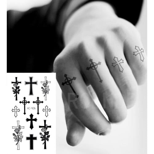 Waterproof Temporary Tattoo Sticker Small Cross Rose Flower on Finger Neck Hand Flash Tatoo Fake Tatto for Girl Women Men