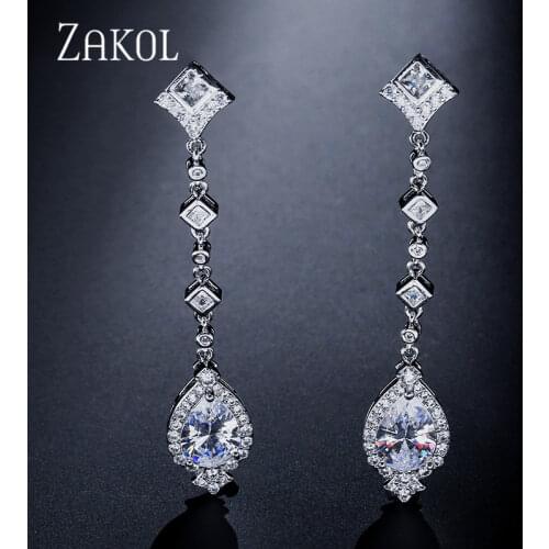 ZAKOL Classic Cut CZ Clear Dangling Drop Earrings Long Water Drop Shaped Jewelry For Europe Women Wedding FSEP2055