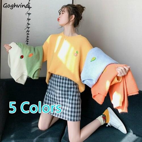 Pullovers Women Embroidery Cartoon Kawaii O-neck Drop-shoulder Knitted Sweaters Cute Sweet Girls Casual Loose Lazy Ulzzang Chic