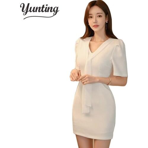 2020 Summer Solid Color Elegant Pencil Vestidos Women Mini Sheath Dress OL Short Sleeve V-neck Bodycon Dresses