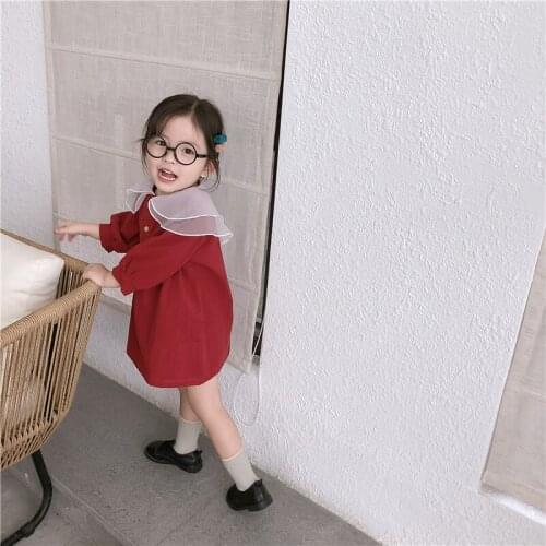 2020 Autumn New Arrival Korean style cotton pure color long sleeve princess dress with matching color collar for baby girls