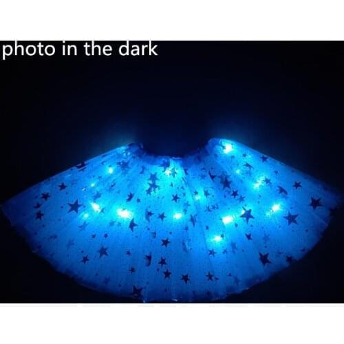 2021 New Mesh Ribbon Light-emitting LED Childrens Skirt Stage Dance Performance Festival Party Big Star Print SKy Blue