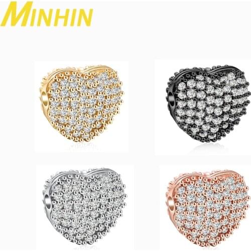 MINHIN 3Pcs CZ Zircon Inlaid Crystal Heart Beads Copper Spacer Beads Charm for DIY Jewelry Making Bracelet