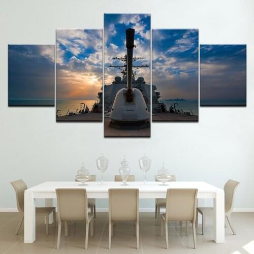5 Piece Canvas Paintings Sunset Poster Seascape For Living Room Prints Sea Battleship Pictures Wall Art Home Decor Framework