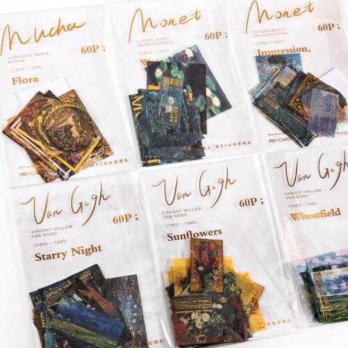 60pcs Impression Gallery Sticker Set Van Goah Painting Sunflower Starry Night Monet Sunrise Stickers Post Decoration Gift A6770