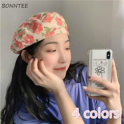 Berets Women Lovely Floral Embroidery Trendy All-match Girls Beret Ulzzang Basic Adjustable All-match Chic Popular Womens Caps