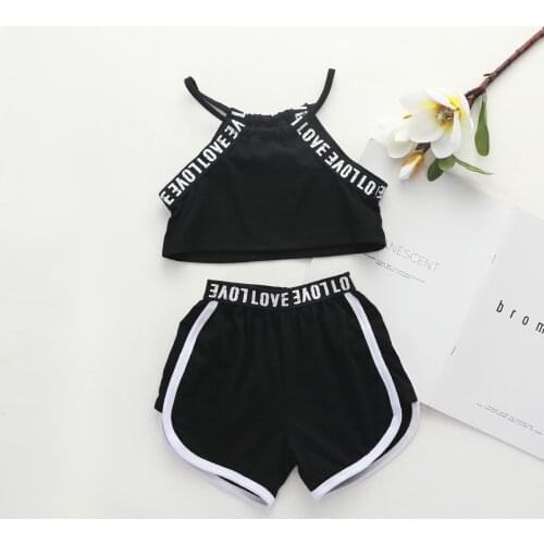Girl Baby Suspender Love Letter Vest + Shorts 2 Pieces Sets New Summer Children Clothes Sports Black Color Thin Costume