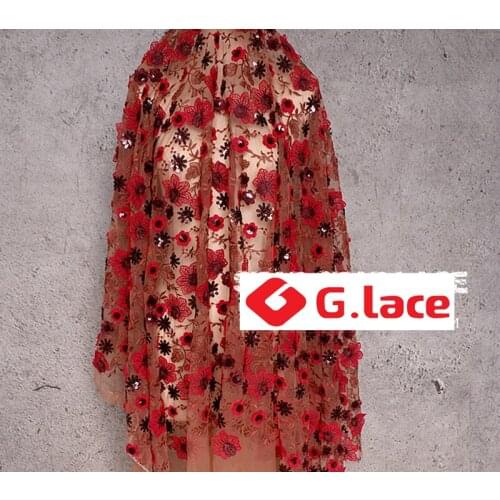 GLace 1Y/Lot 1.4M wide High quality 3D flower embroidery sequins fabric silk screen fabric summer dress cloth accessoriesTX556