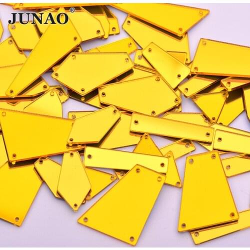 JUNAO 20pc Mix Size Sew On Gold Mirror Rhinestone Applique Flat Back Acrylic Gems Sewing Strass Crystal Stone for Dress Crafts