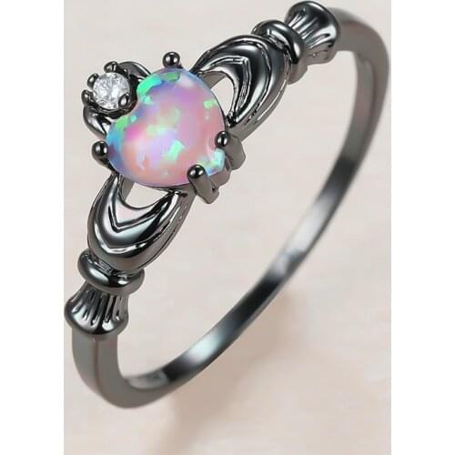 Luxury Female Purple Heart Opal Ring Charm 14KT Black Gold Wedding Rings For Women Cute Bride Round Crystal Engagement Ring