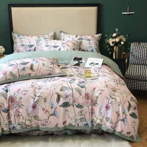 Blue Floral Painting Bedding Set Satin 100% Egyptian Cotton Pastoral King Queen Size Bed Sheet Linen 4pcs Duvet Cover