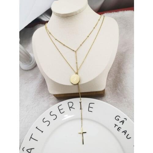 Cross queen coin double chain luxe necklace gold women shape pendant jewelry steel accessories