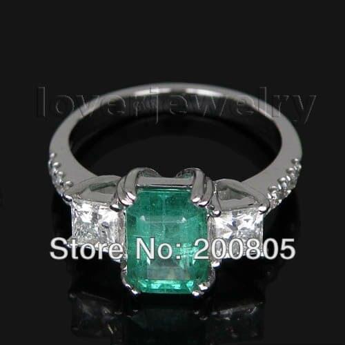 LOVERJEWELRY Vintage Three Stones 14Kt White Gold Diamond Natural Emerald Ring Princess Cut Diamond Luxury Design for Wife SR338