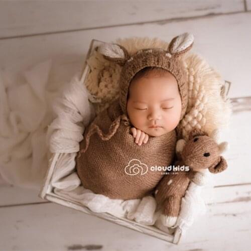 Cute Fuzzy Baby Hat Toy Set Newborn Photo Props Knitted Baby Bonnet Cap Stuffed Teddy Bear Hat Photography Props Infant Dolls