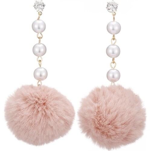 Fashion 5 Colors Plush Ball Earrings For Women OL Temperament Retro Imitation Pearl Long Section Tassel Female Earrings Jewelry