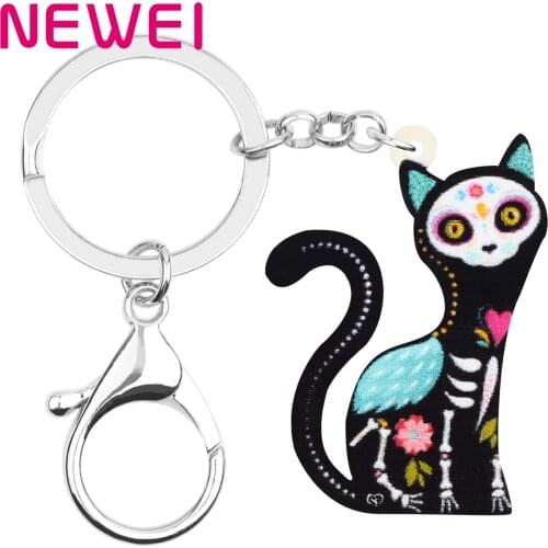 NEWEI Acrylic Halloween Floral Cat Kitten Keychains Key Ring Animal Jewelry For Women Kids Girls Gift Festival Car Accessories