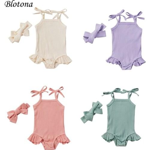 Blotona Baby Girls Solid Color Summer Outfits, Sleeveless Self Tie Strap Ruffle Ribbed Bodysuit with Headband Set 0-18Moths