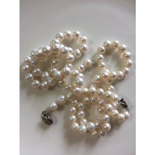 Fine jewelry classic 8-9mm super luster round white pearl necklace 18"SILVER