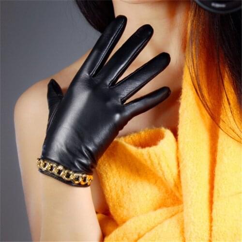Touch Screen Gloves Pure Sheepskin Black Super Flash Gold Chain Short Section Lining Warm Ladies Gloves TB61-2