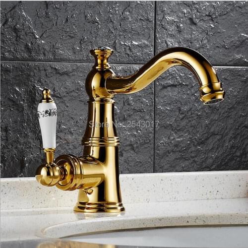 Bathroom Swivel Gold Facuet Deck Mounted Blue and White Porcelain Basin Sink Taps Noble Style Mixer Tap ZR492