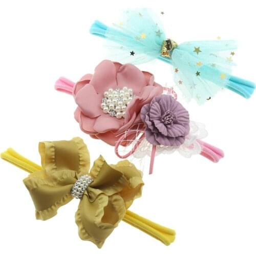 Satin Bows Headbands Set Girls Tulle Flowers Nylon Hairbands Children Gifts Lace Hair Accessories DIY headwrap
