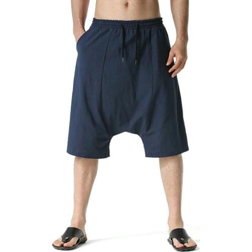 Summer Men Shorts Pockets Solid Color Drop Crotch Mid Rise Drawstring Multi-pockets Short Casual Loose Knee Length Shorts