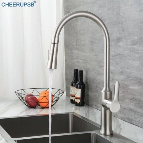 Pull Out Kitchen Faucets Single Handle Brush Nickel Sink Tap Stream Shower Water Deck Mounted Faucet Hot Cold Mixer Crane Taps