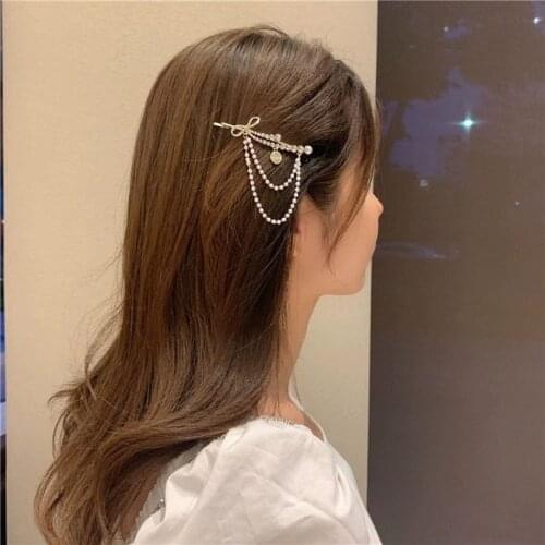 Korean Bow Tassels Hairpins Woman Grace Temperament Hair Clips Girl Sweet Pearl Rhinestone Barrette Fashion Hair Accessories