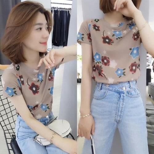 2021 new summer short sleeve T-shirt womens fashion slim slim Korean version of printed Joker round neck shirt