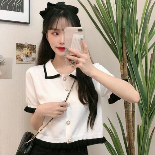 Women Shirts Ladies Short Sleeve Cardigan Retro T-Shirt Ruffle Short Sleeve Knitted Top Summer Crop Top Mujer Camisetas One Size