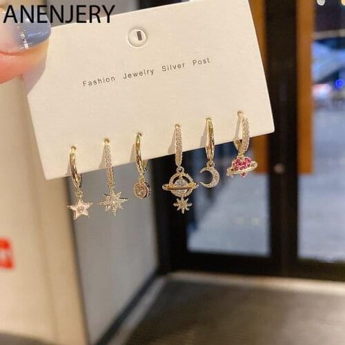 ANENJERY 6-piece Zircon Earrings Set Love Heart Moon Star Hoop Earrings for Women Gold Color Jewelry Wholesale Gifts S-E1283