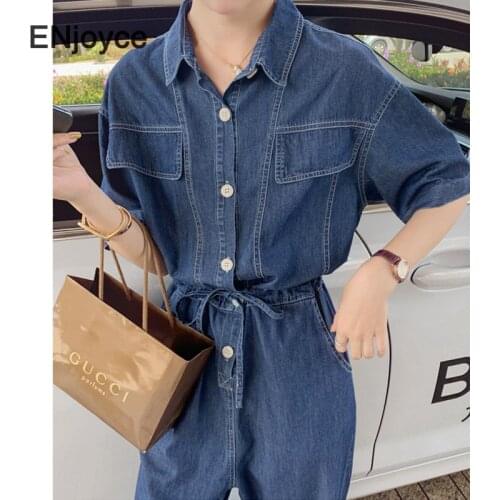 Summer Denim Blue Jumpsuit for Women Korean Style Fashion Short Sleeve Jeans Loose Jumpsuits Overalls Romper Playsuit Jump Suit