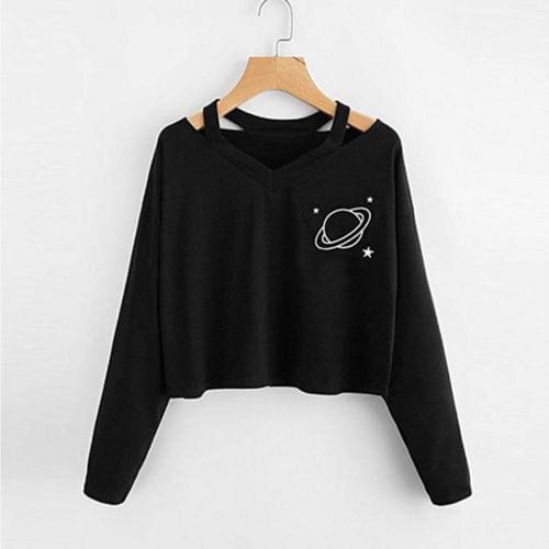 Female clothing Hot Bandage print v-neck Women Jumper Hooded Pullover Short Crop Tops Long Sleeve Hoodie Sweatshirt
