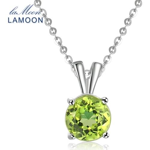 LAMOON Women Jewelry S925 Sterling Silver Chain Pendant Necklace Natural Gemstone Round Green Peridot Classic Necklaces NI057