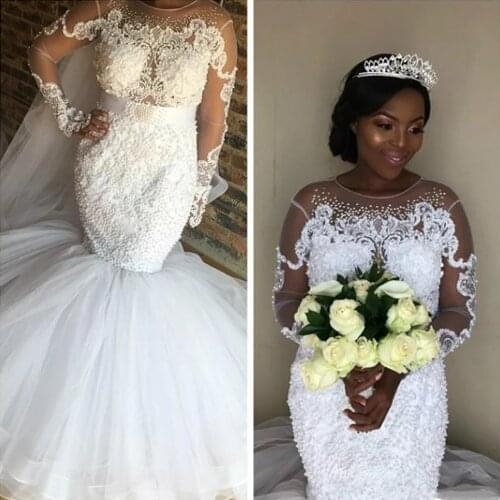 WUZHIYI African Black Girl Mermaid Wedding Dresses Beaded Sashes Sheer Lace Appliques Tulle Long Sleeves Bridal Gown Plus Size